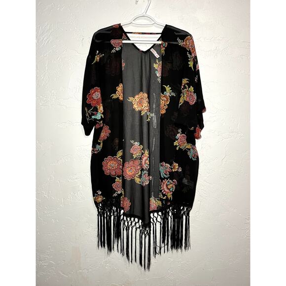 Exhilaration black floral fringe kimono womens XS boho chic bohemian hipster - Picture 1 of 8